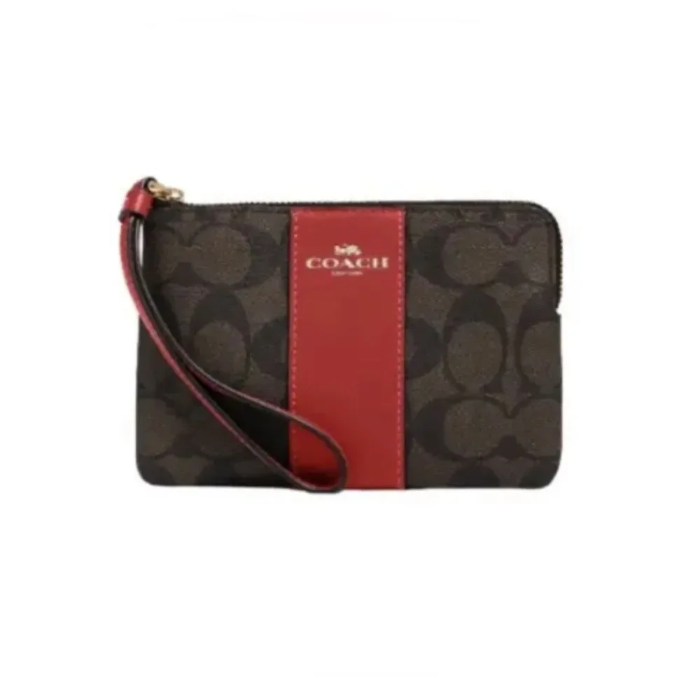 Coach Corner Zip Wristlet In Signature Canvas Brown / Red 58035 - NEW - Picture 1 of 3